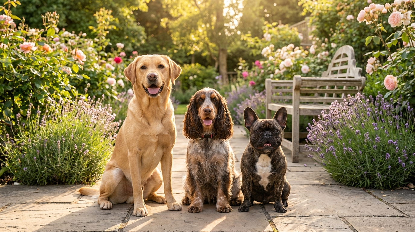 Three healthy dogs with shiny coats in a sunny British garden