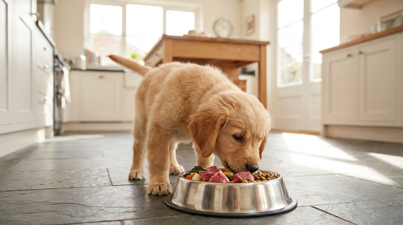 Golden retriever puppy eating raw dog food