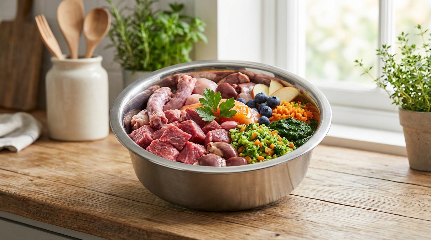 BARF diet raw food bowl with meat, bones, vegetables and fruits