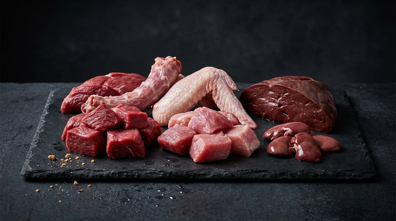 PMR prey model raw ingredients: muscle meat, bones, liver and organs on slate