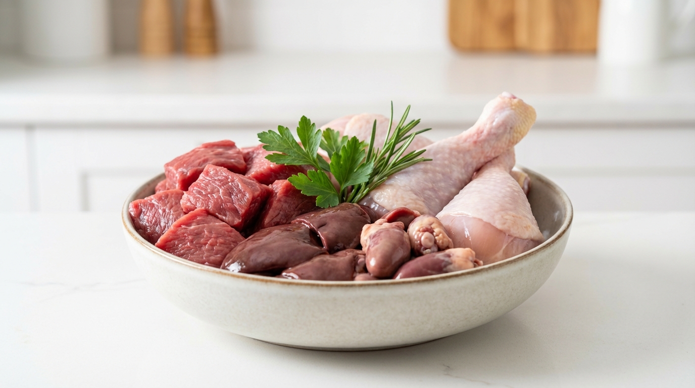 Raw dog food bowl with fresh meat, bones and organs — UK raw feeding