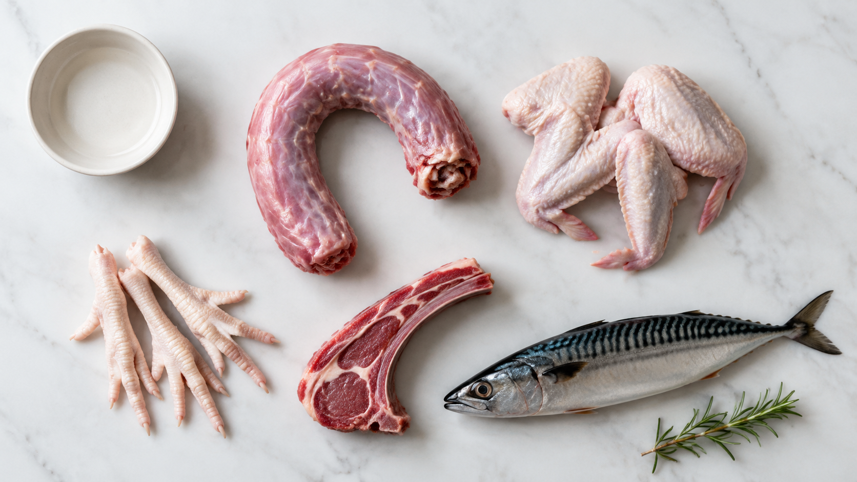 Selection of safe raw meaty bones for dogs including chicken wings, turkey necks and lamb ribs