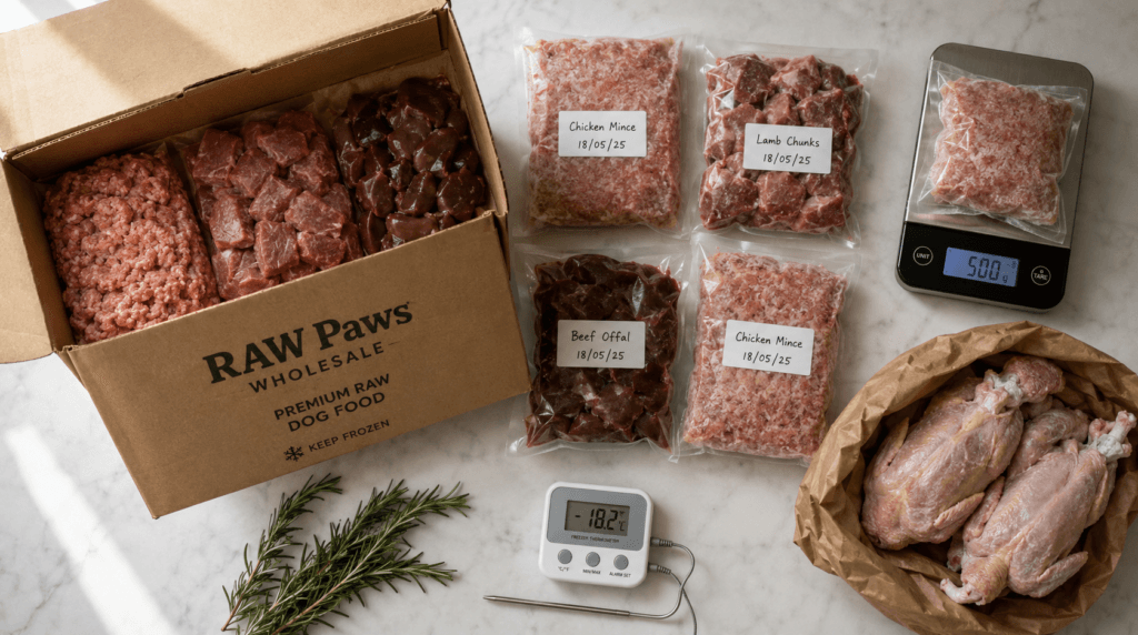 Bulk buying raw meat for UK dog owners — flat-lay of frozen raw proteins, vacuum-sealed bags and butcher cuts on a marble surface