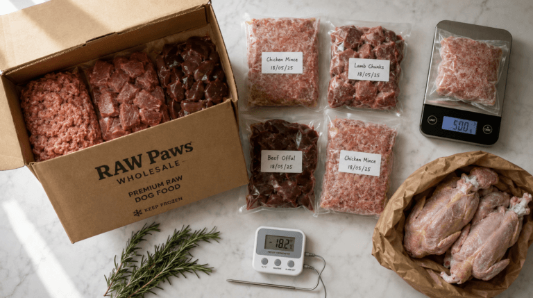 Bulk buying raw meat for UK dog owners — flat-lay of frozen raw proteins, vacuum-sealed bags and butcher cuts on a marble surface