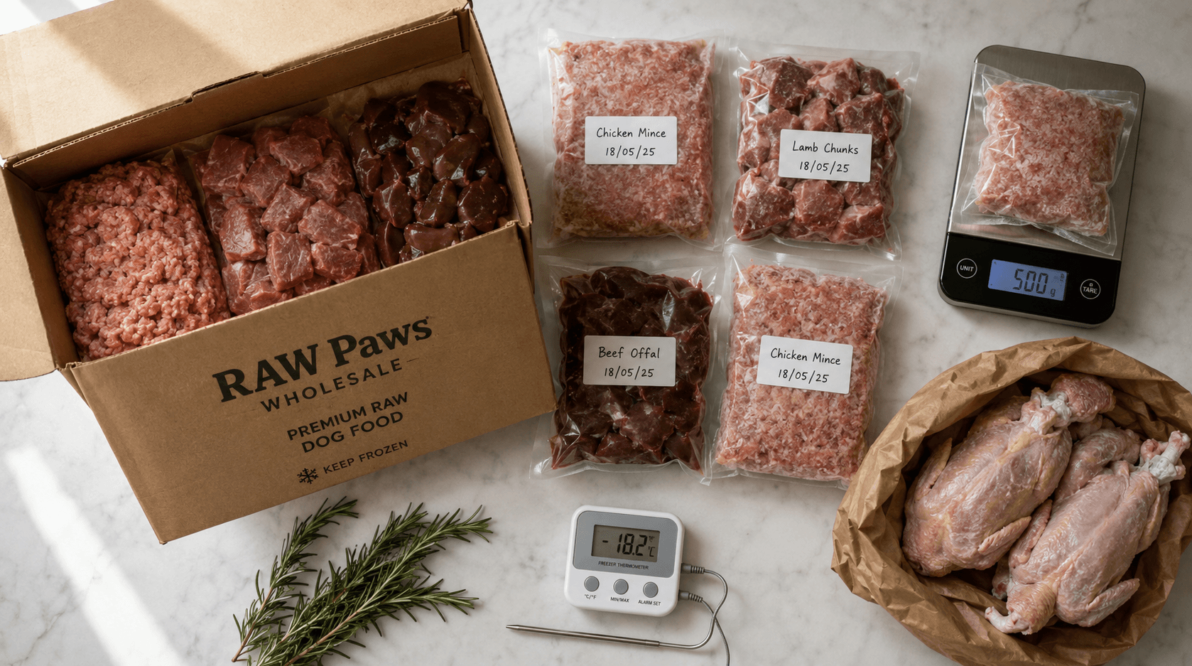Bulk buying raw meat for UK dog owners — flat-lay of frozen raw proteins, vacuum-sealed bags and butcher cuts on a marble surface
