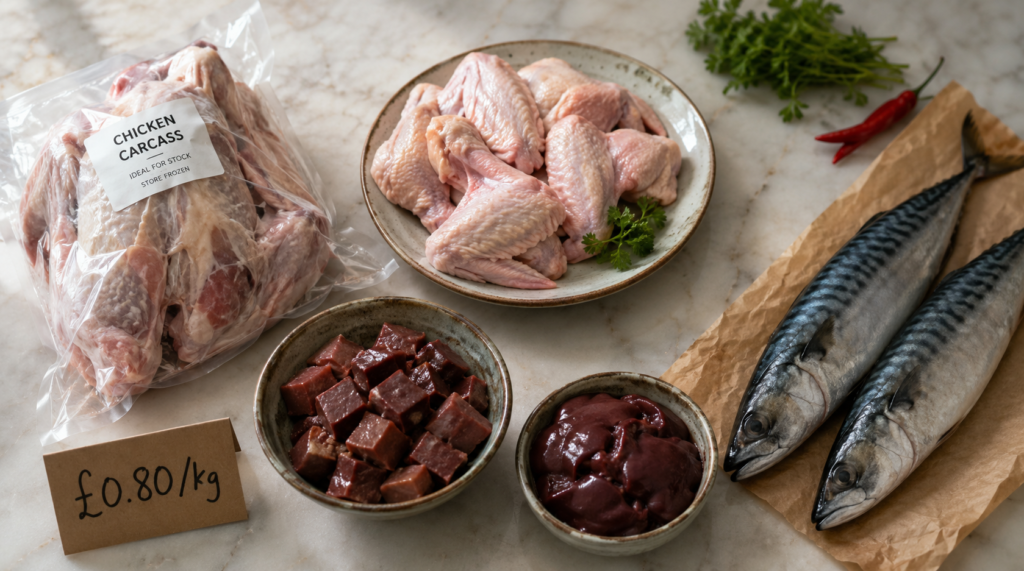 Cheapest raw dog food UK proteins including chicken, mince and offcuts on a marble kitchen counter