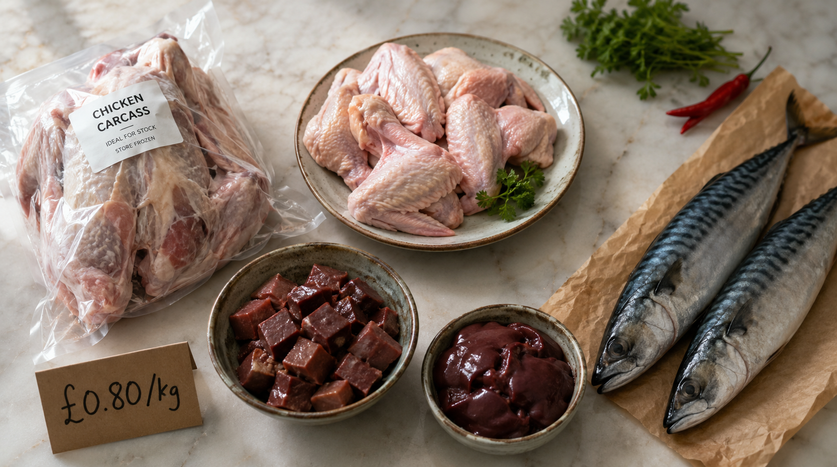 Cheapest raw dog food UK proteins including chicken, mince and offcuts on a marble kitchen counter