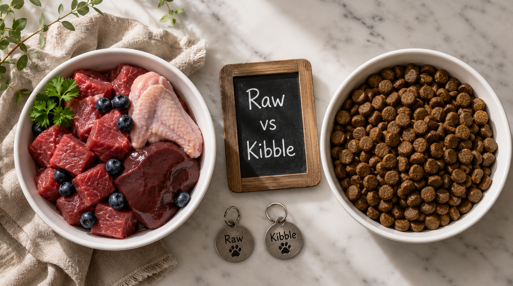 Raw vs kibble side-by-side comparison: bowl of fresh raw dog food with meat, bone and vegetables next to a bowl of dry kibble on a marble surface
