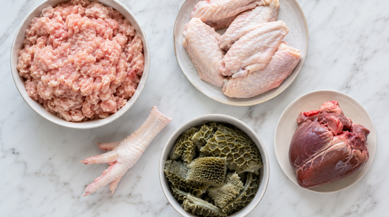 Sourcing raw dog food UK — fresh chicken mince, chicken wings, beef tripe and organ portions laid out on a marble surface