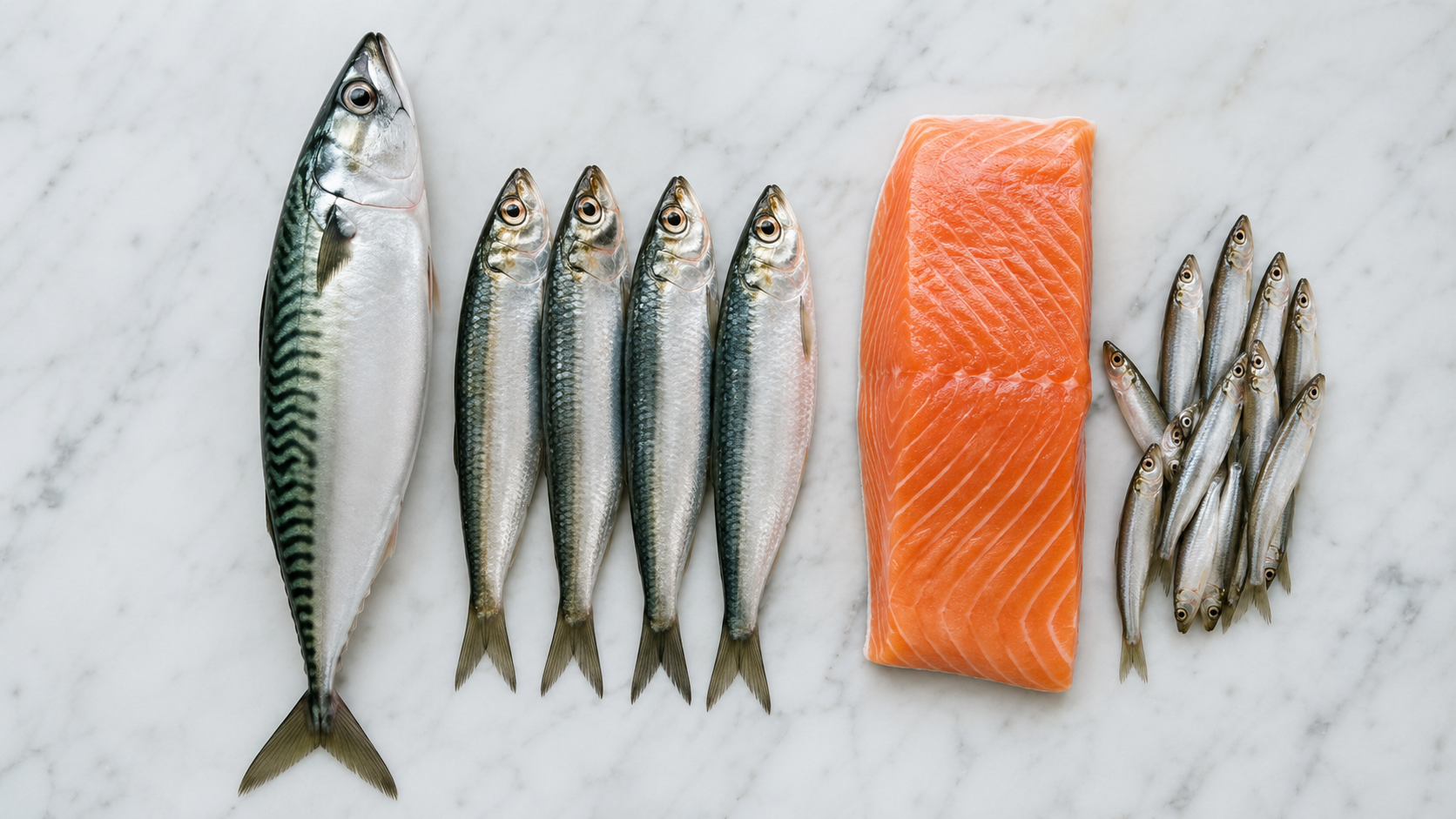 raw fish for dogs uk — fresh salmon fillet, whole mackerel and sardines arranged on a marble board