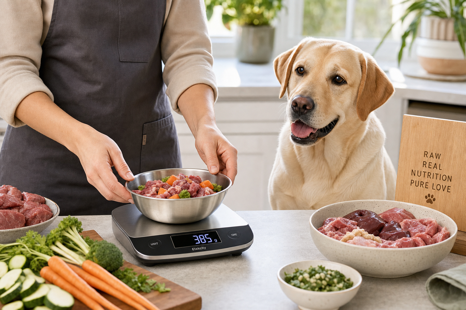 Person using kitchen scales to calculate raw dog food portions for their dog