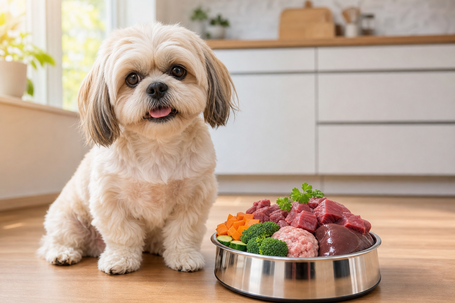 Small breed dog next to a bowl of raw dog food for small breeds