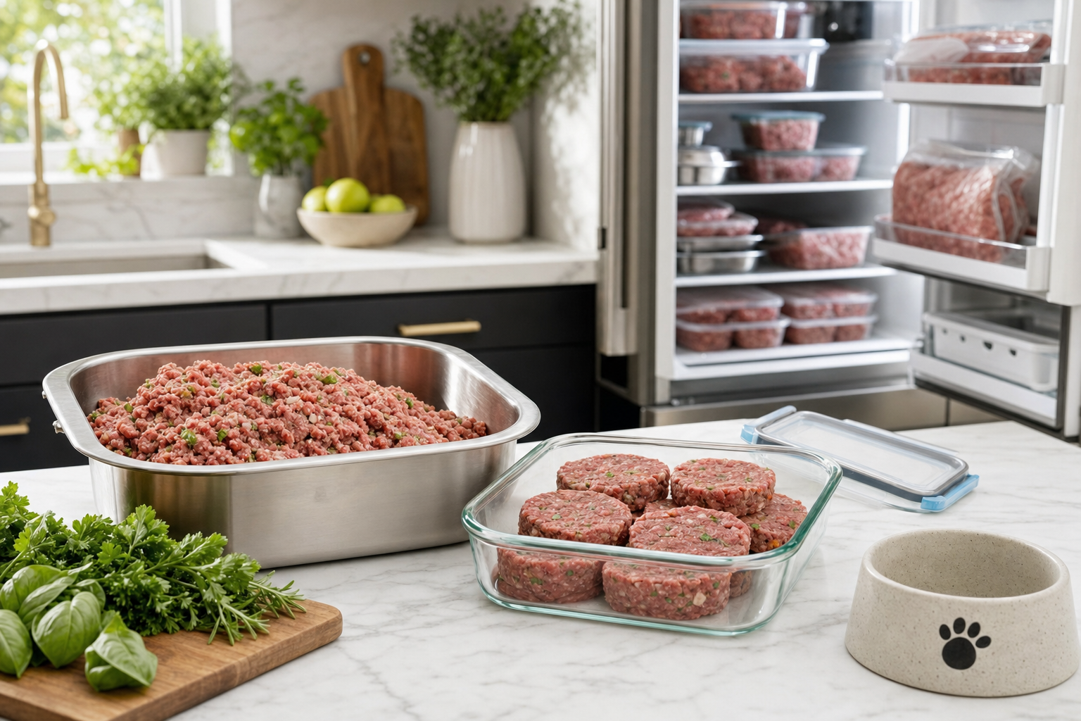 Raw dog food storage guide: glass container with portioned raw food patties and stainless steel tray of fresh minced meat beside an open fridge stacked with raw dog food storage portions on a marble kitchen counter