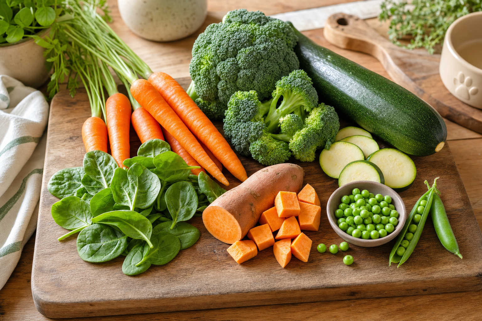 Fresh vegetables dogs can eat raw on a wooden chopping board