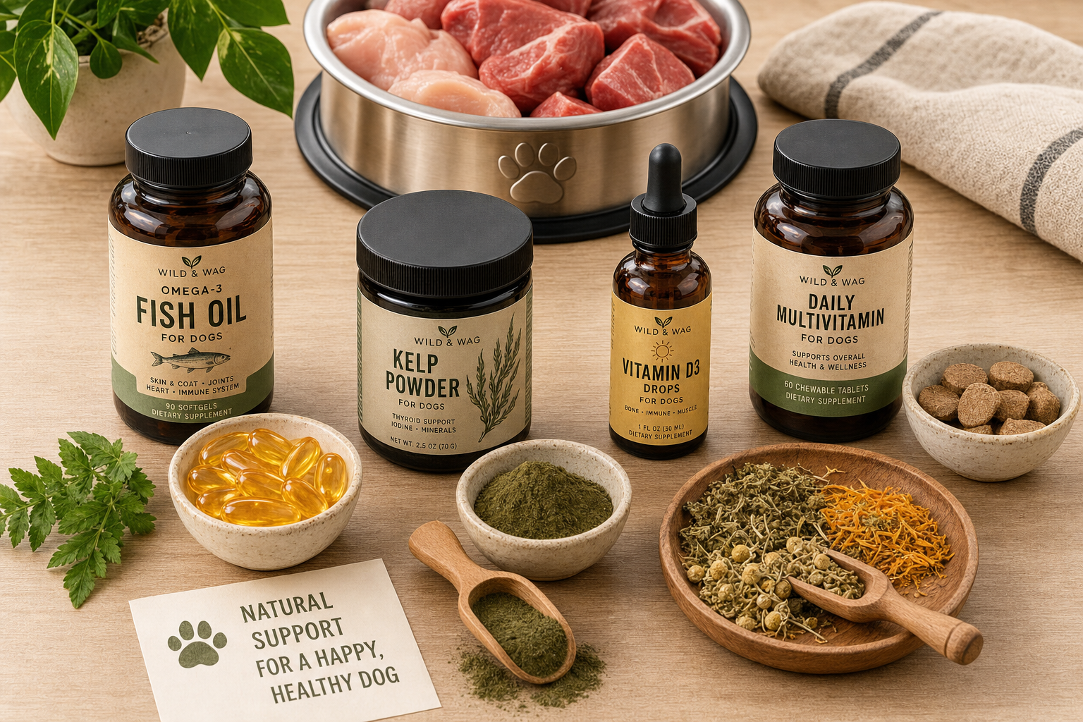 Natural supplements for raw fed dogs including fish oil, kelp and vitamin D on a wooden surface