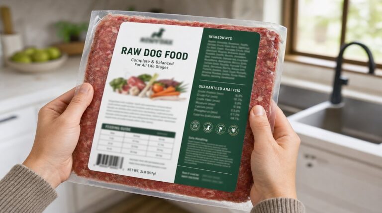 How to read raw dog food labels shown on a UK raw food package held by an owner