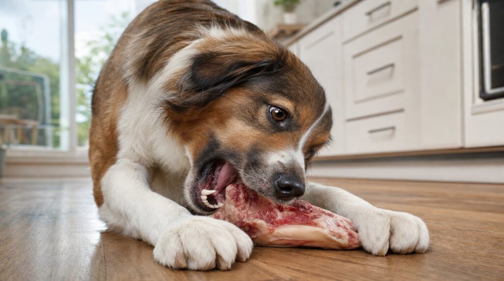 Raw dog food and dental health shown by a dog chewing a raw meaty bone
