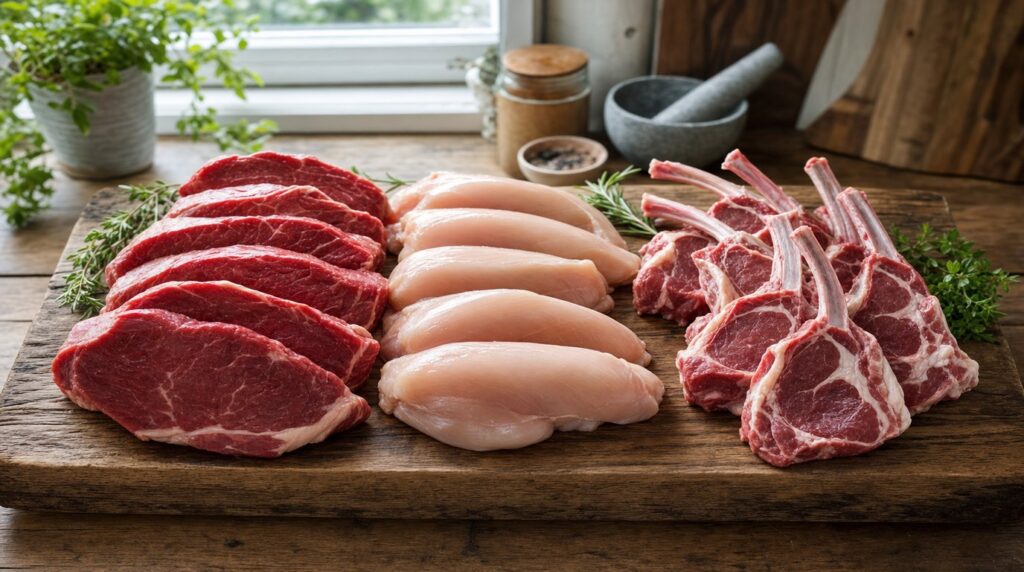 Raw dog food protein sources compared — beef, chicken and lamb cuts laid out on a wooden board