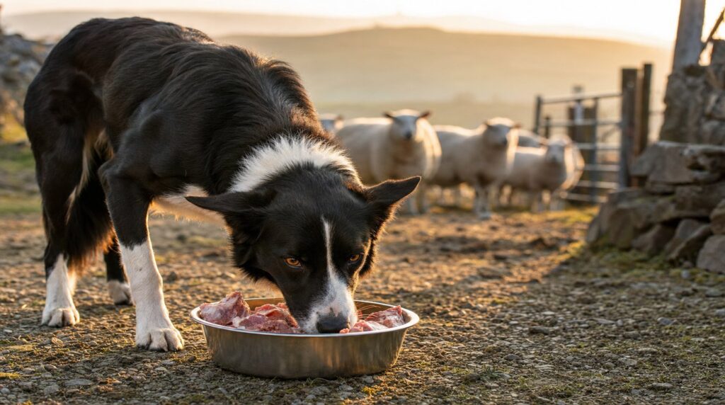 Raw dog food for working dogs served to a sheepdog on a UK farm at dawn