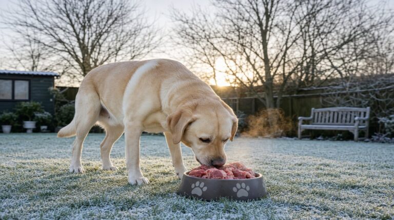 Switching to raw dog food in winter with a dog eating raw food in a frosty UK garden